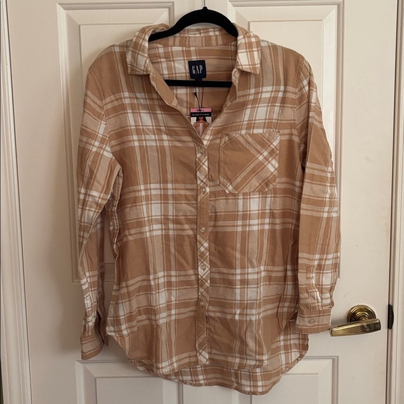 NEW NWT The GAP Tan Plaid flannel camel white small women - Picture 3 of 5
